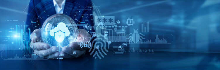 Cybersecurity guard hold global and Cloud Security defense network protecting remote server databases worldwide ensuring guarded data transmissions. Modern safety strategy advancing locked spaces. © Sashini