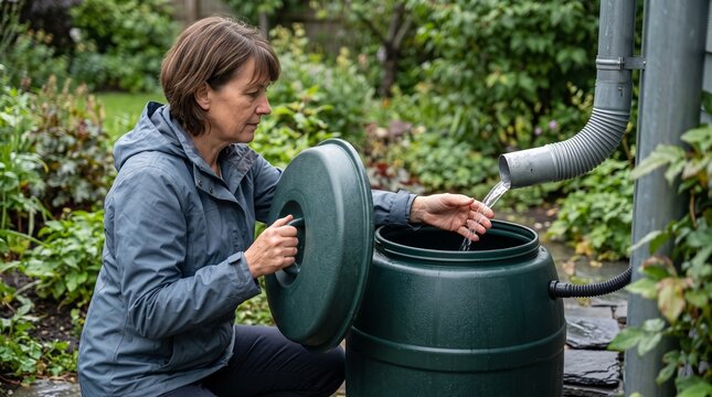 Gutter cleaning and rain barrel, homeowner checking downspout water collection, sustainable backyard drainage maintenance concept