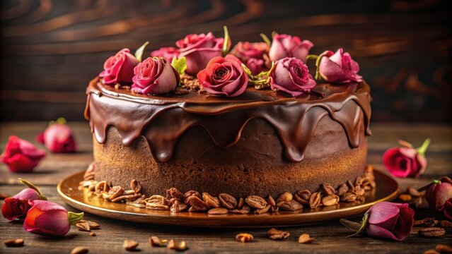 Chocolate cake with chocolate frosting and dried rose petals