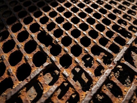 Close-up of heavily rusted metal grate with diamond pattern. Old industrial texture shows signs of decay and corrosion. Gritty surface offers abstract background for construction or urban themes.
