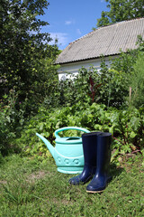 Rubber boots and a large garden watering can stand on a green lawn. © Наталья Николаева