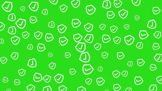 Smart home security pattern featuring white shield icons with checkmarks on green backdrop.