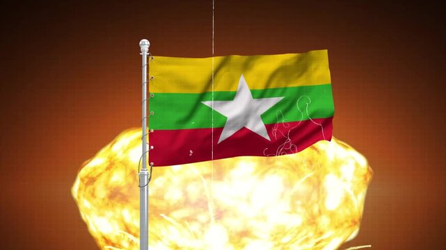 Myanmar flag waving in front of bright nuclear explosion mushroom cloud symbolizing political unrest.