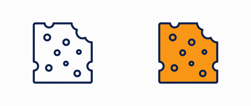 Swiss cheese slice with bite mark icons, minimalist line and flat orange dairy food vector symbols