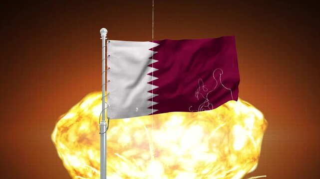 Qatar flag waving slowly in front of a giant bright nuclear explosion mushroom cloud in outer space.