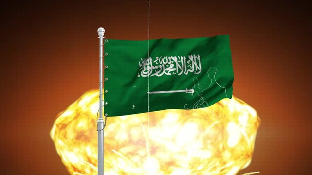 Saudi arabia national flag waving proudly against large atomic mushroom cloud explosion background shot.