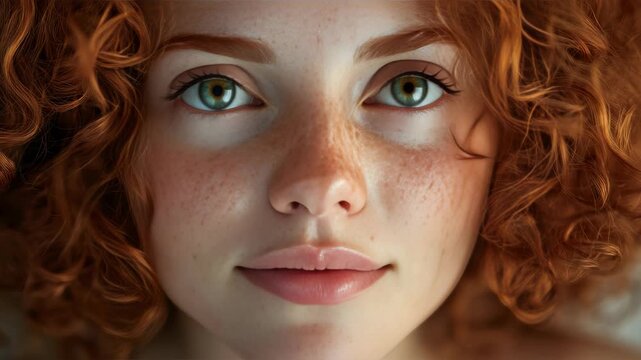 A serene of a young female with vibrant ginger locks, showcasing her beauty in repose.
