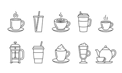 Obraz premium Coffee and Hot Drink Line Icon Set with Espresso Latte French Press Teapot and Disposable Cups for Cafe Menu Designs