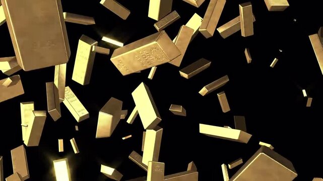 3D rendered falling gold bars raining down on black background representing wealth, finance, and investment success