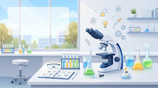 Microscope and scientific glassware rest on a table in a modern laboratory.