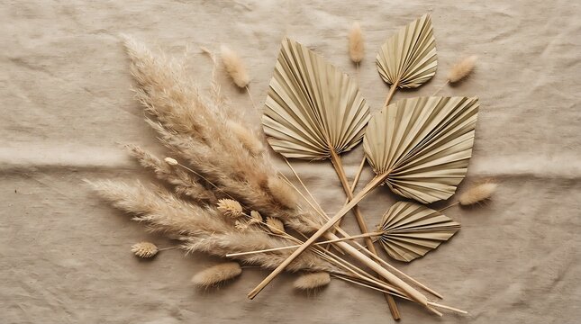 Dried pampas grass and palm leaves arrangement on beige linen fabric