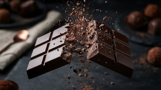 Dark chocolate bar breaking into pieces with crumbs flying in the air