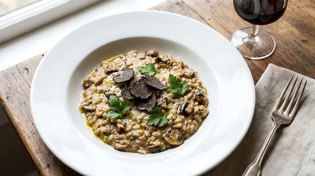 Mushroom risotto with black truffle shavings in a white bowl