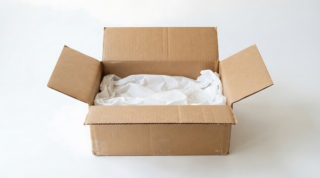 Open cardboard box with white tissue paper inside isolated on white background
