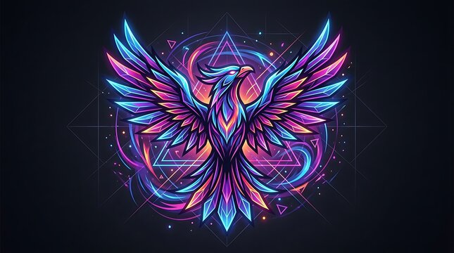 Glowing neon mythical bird with outstretched wings and geometric art