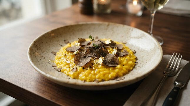 Gourmet saffron risotto with black truffle shavings and gold leaf