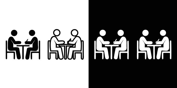 Two pairs of stick figures in silhouette and outline meeting at tables with papers and pens, symbolizing collaboration or interview on transparent and black backgrounds.