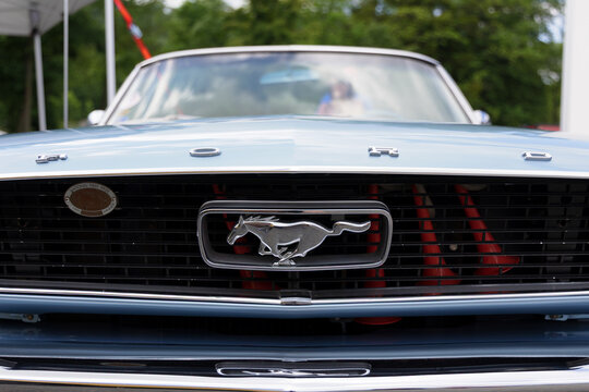 Koprivnice, Czech Republic, Czechia - 31 May, 2026: Ford Mustang 1967 - logo and brand of car and auto manufacturer. Detail of old historical classic vintage vehicle. Very shallow focus