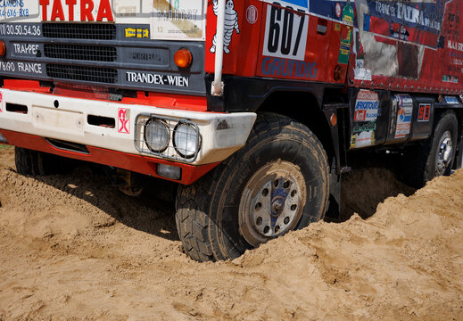 Koprivnice, Czech Republic, Czechia &ndash; 31 May 2026: Tatra 815 from the 1988 Dakar Rally. Competition truck featuring sponsor logos from companies such as Michelin and Grundig. Detail of the vehicle.
