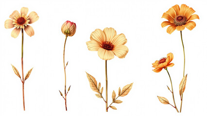 Fototapeta premium serene floral display on white background with elegant top-down perspective for home decor and editorial use cases in botanical art and floral design contexts with orange and yellow hues.
