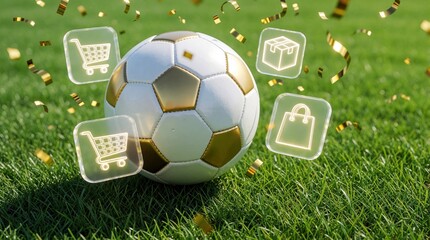 Soccer ball on green grass with shopping cart package and bag icons plus golden confetti. Concept for online sport retail and e-commerce purchase.