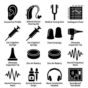 Audiology & Hearing Care Diagnostic Equipment Set - Hearing Aid, Tuning Fork, Audiogram Chart, Otoscope, Earwax Drops, Soundproof Booth Vector Glyph Icon Set