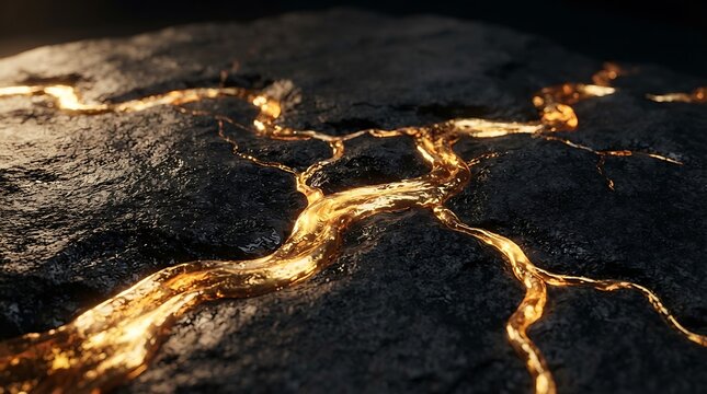 Molten gold flowing through cracks in dark volcanic rock texture