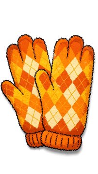 Orange argyle pattern winter mittens on white background.