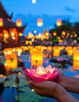 Hands holding a lit lotus flower lantern floating on water with blurred glowing lanterns and pagoda at dusk, spiritual light festival, serene ambiance