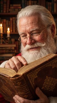 Santa Claus checking nice list in vintage leather book with gold pages