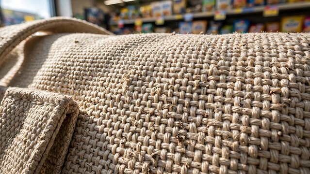 Close-up of Woven Natural Fiber Texture with Blurred Supermarket Background