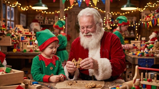 Santa Claus sharing chocolate chip cookie with christmas elf in toy workshop