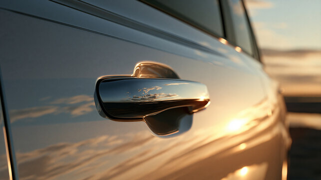 A close-up of a modern silver car door handle during sunset. This image represents automotive luxury and sleek vehicle.