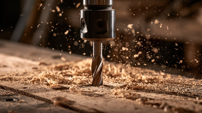 A CNC drill bit cuts into wood, creating flying sawdust. Industrial woodworking and manufacturing process concept.