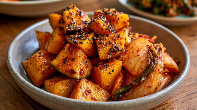 A close-up of cubed kimchi and spicy radish in a bowl. Traditional Korean fermented side dish for healthy dining.