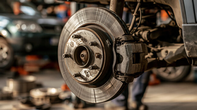 A close up view of a car brake rotor and caliper in an auto repair shop. Ideal for automotive maintenance and car.
