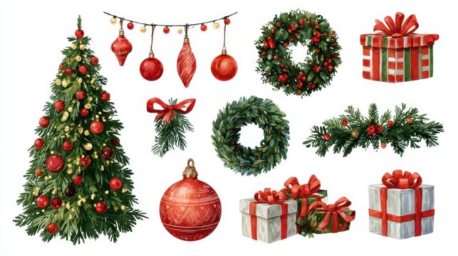 Christmas element illustration, Christmas tree, ornaments, lights, wreaths, gifts, bauble ball. 