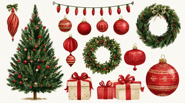 Christmas element illustration, Christmas tree, ornaments, lights, wreaths, gifts, bauble ball. 
