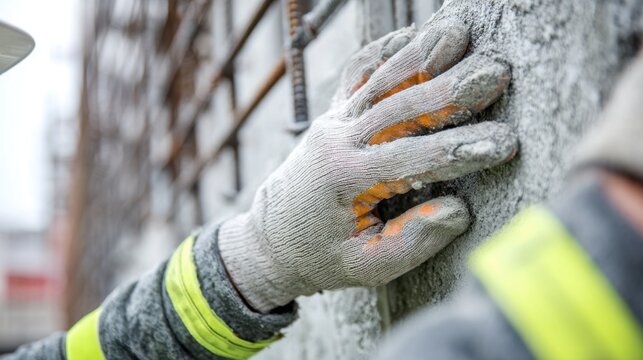Construction worker gloved hands pressing wet concrete on building wall closeup
