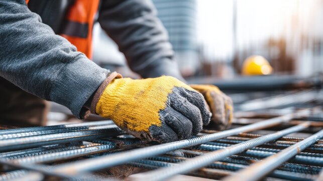 Construction worker placing steel rebar on building site, close-up hands