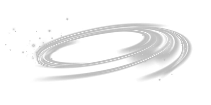 White glowing light swirl with circular trails and sparkling particles isolated on black background, luminous spiral energy effect