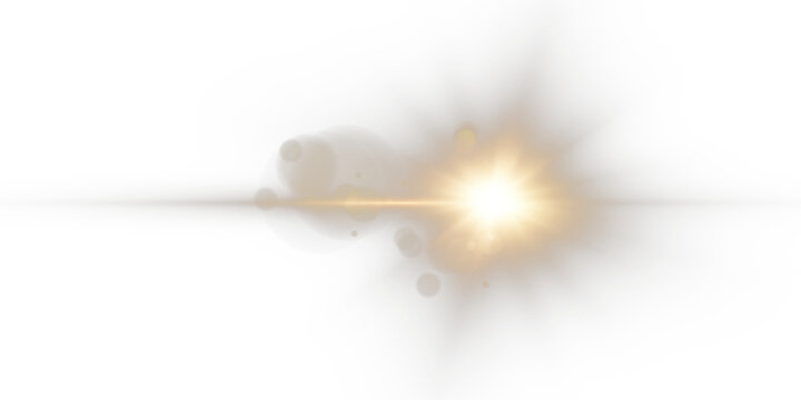 Golden lens flare with bright starburst, glowing bokeh and horizontal light streak isolated on black background