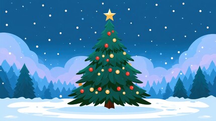 Obraz premium Christmas tree flat design front view winter holiday cartoon drawing vivid. 