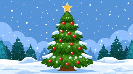 Fototapeta premium Christmas tree flat design front view winter holiday cartoon drawing vivid. 