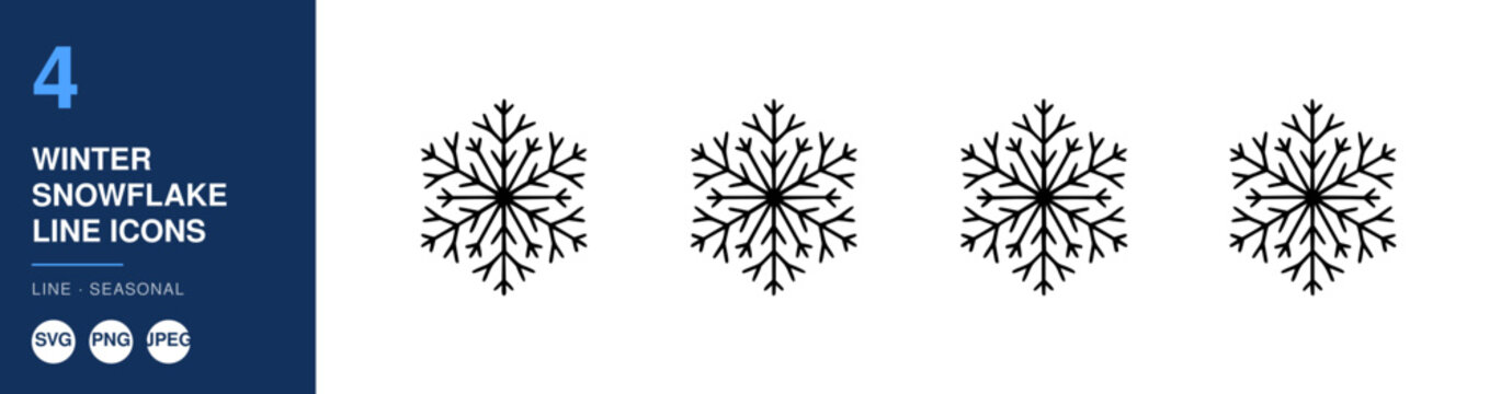 Snowflakes Line Icons Set, Minimalist Winter Design Elements. Elegant Monochrome Illustrations for Seasonal Graphics.