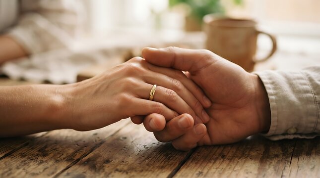 Closeup of a couple holding hands on a rustic wooden table