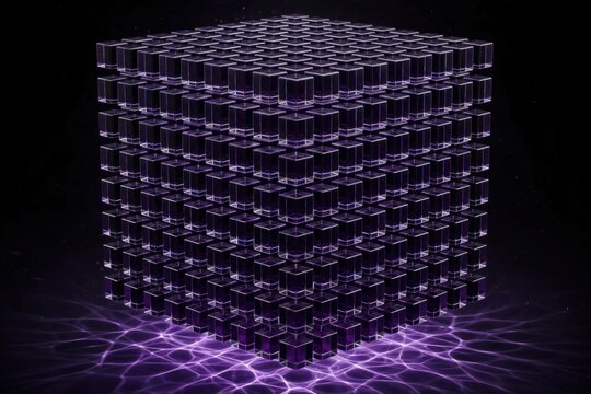 Abstract 3D Cube Structure with Glowing Purple Energy Grid.