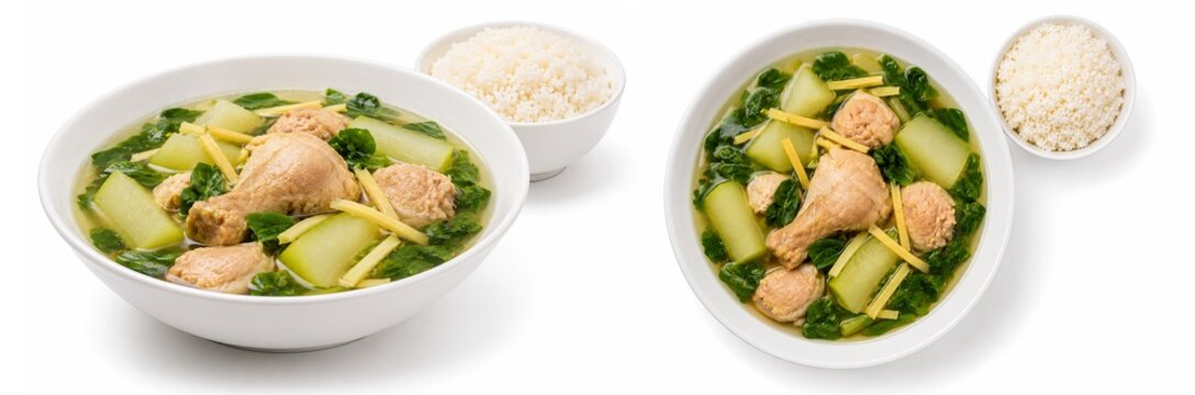Filipino tinolang manok, traditional ginger chicken soup with green papaya and vegetables, served with rice, top and side view collage isolated on white background