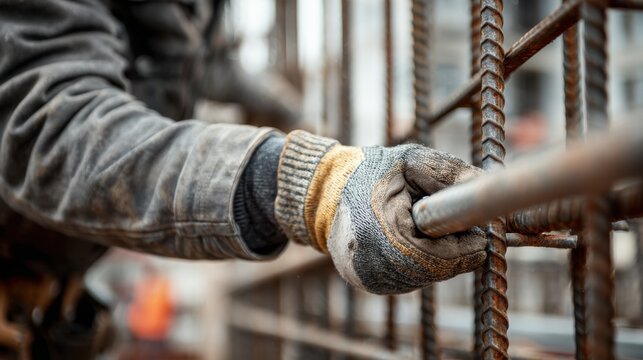 Construction worker hands gripping steel rebar at building site, close-up