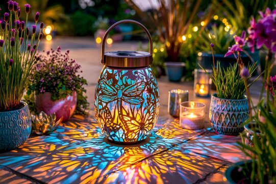Solar lantern casting colorful shadow patterns in evening garden